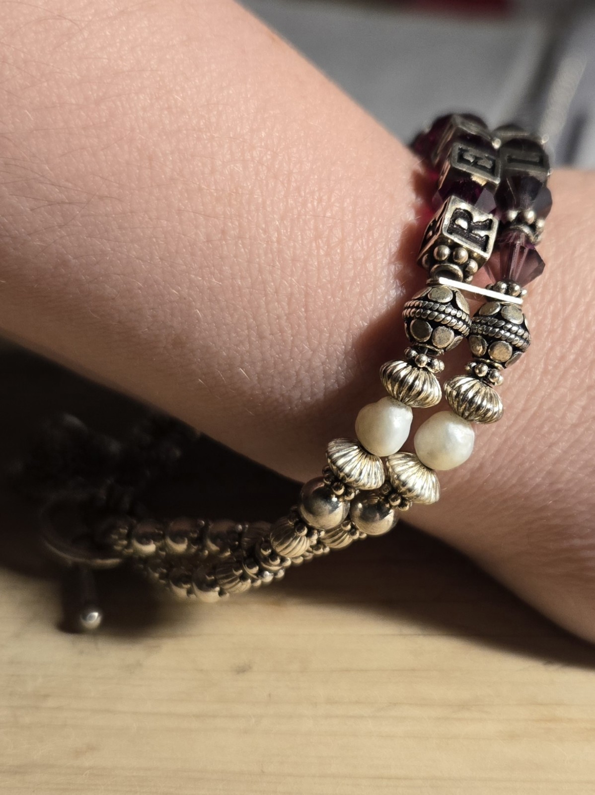 “Red Hat Lady” Personalized Sterling Silver Block & Beaded Bracelet Vintage
