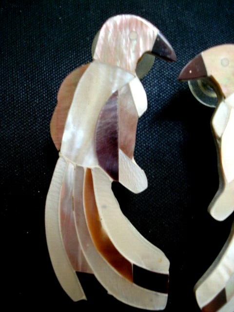 RARE Vtg. Halcyon & Hadley Inlaid Abalone & Mother of Pearl Bird Earrings
