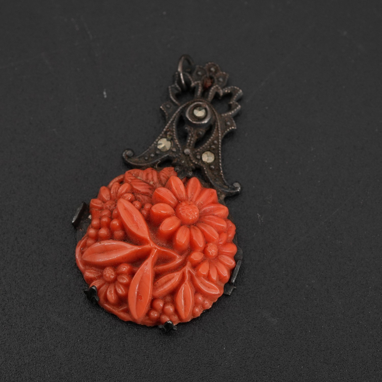 3.9g Czech Art Deco Coral Glass Floral Marcasite 925 Sterling Pendant 1.25in