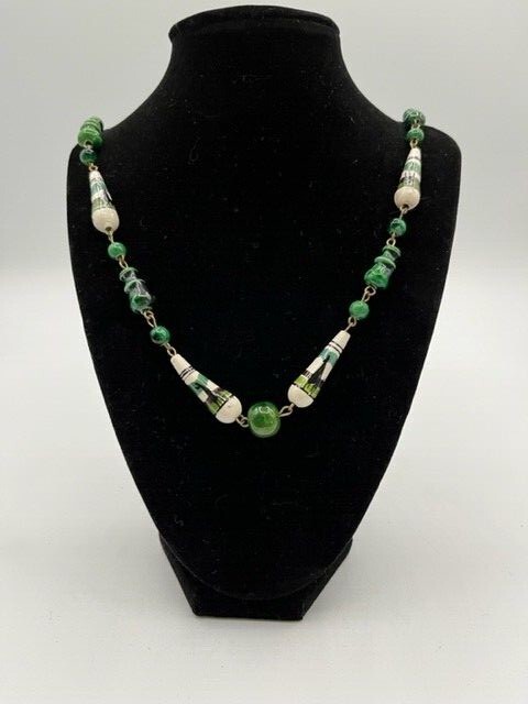 Vintage Hand Painted Southwest Ceramic Beads Dark Green Necklace