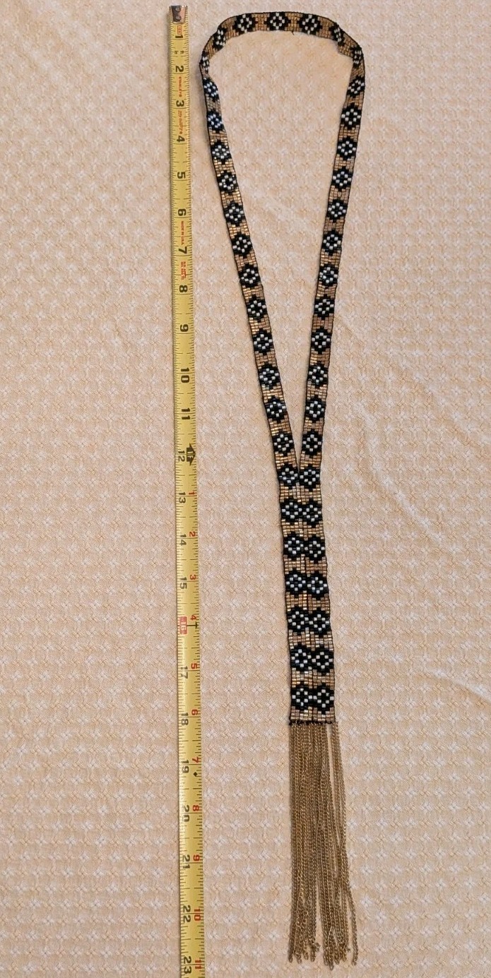 VINTAGE HANDMADE LONG 70’S “Y” DESIGN SEED BEADED W GOLD CHAIN FRINGE NECKLACE