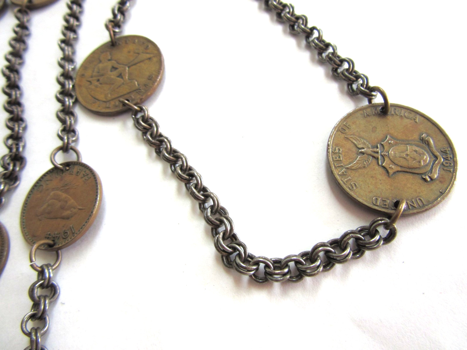 Vintage Travel 1950s Coins stations 54″ long chain necklace with 11 coins