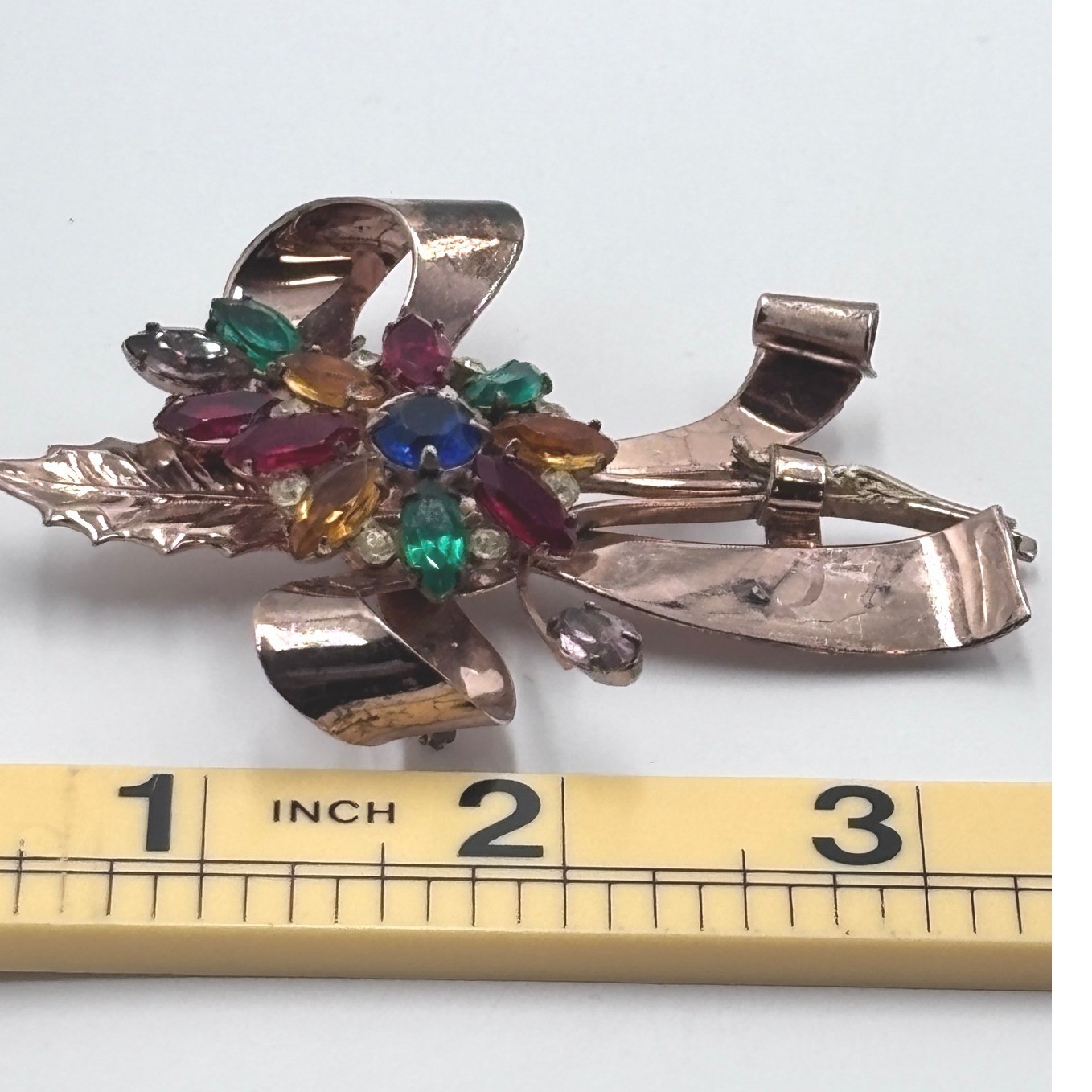 Coro Craft Sterling Silver Multi-Color Rhinestone Bow Floral Brooch Pegasus Tag