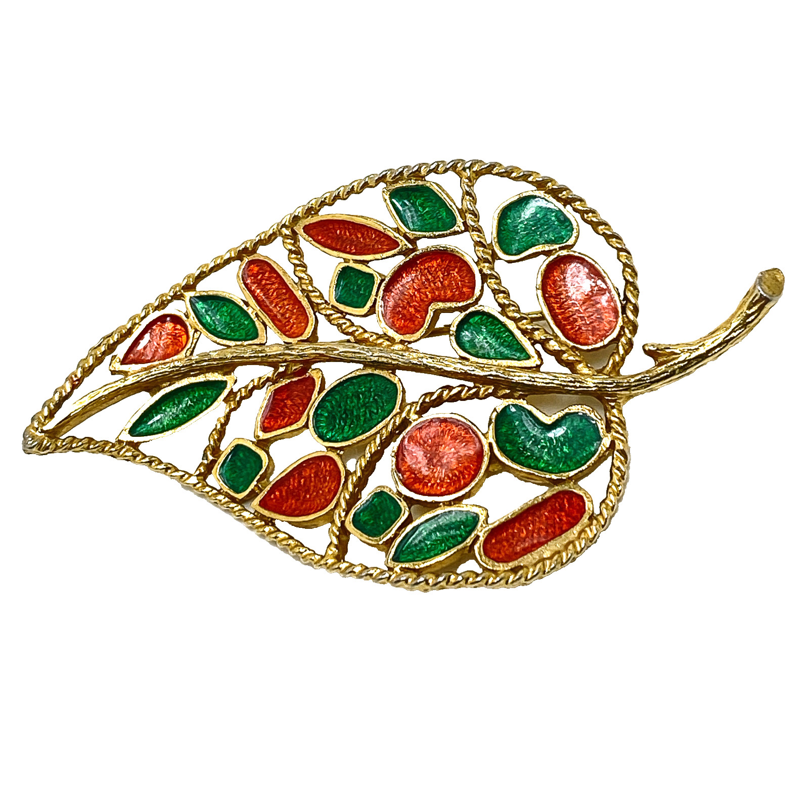 FLORENZA Brooch Plique-A-Jour Enamel Leaf Pin Red Green Gold Tone Vintage