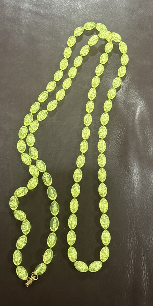 Vintage Lime Green Lucite Bead Long Necklace Single Strand 53”
