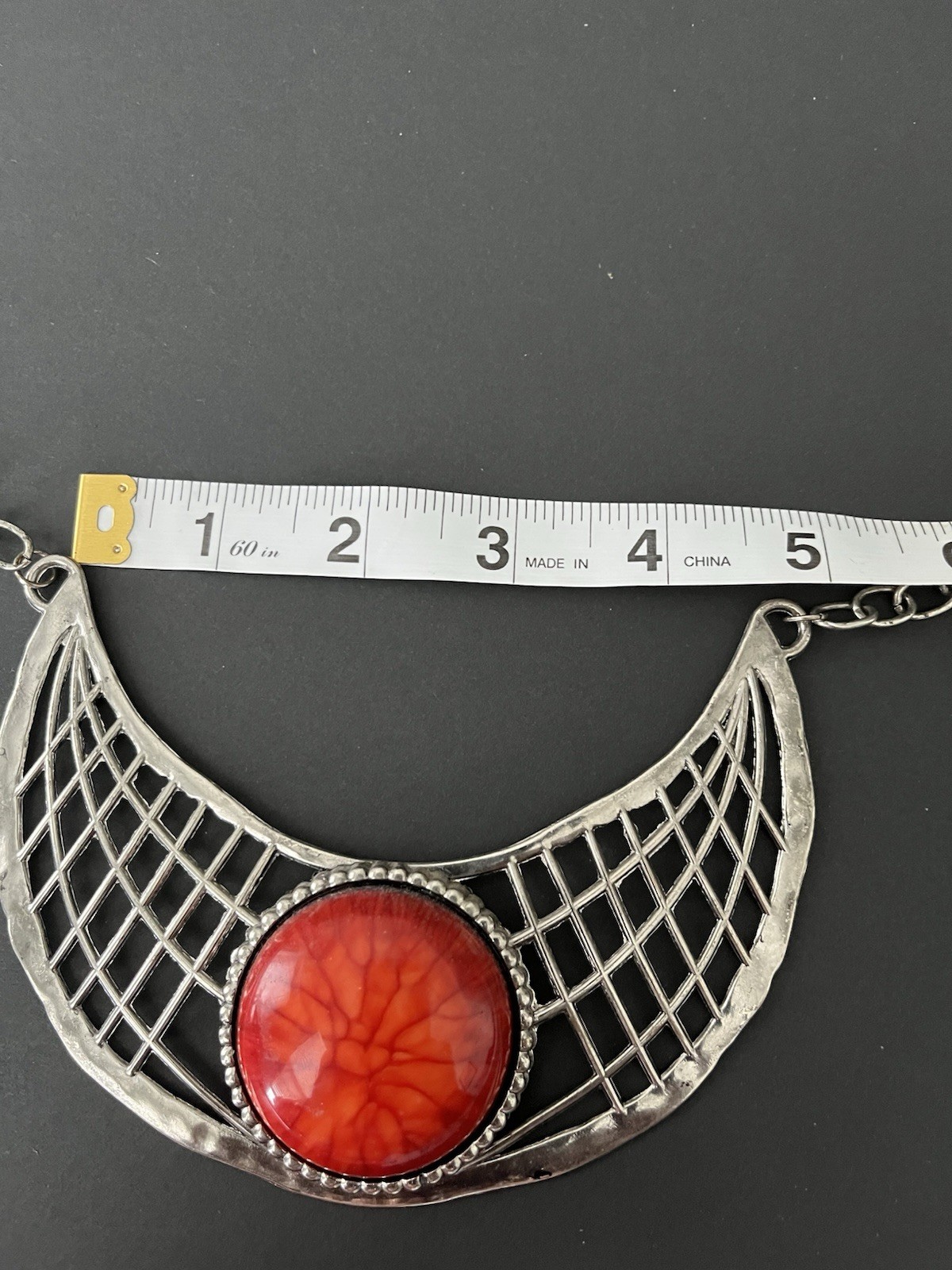 Brutalist Necklace Art Nouveau Inspired Hammered Lattice Bib Swirl Cabochon MCM