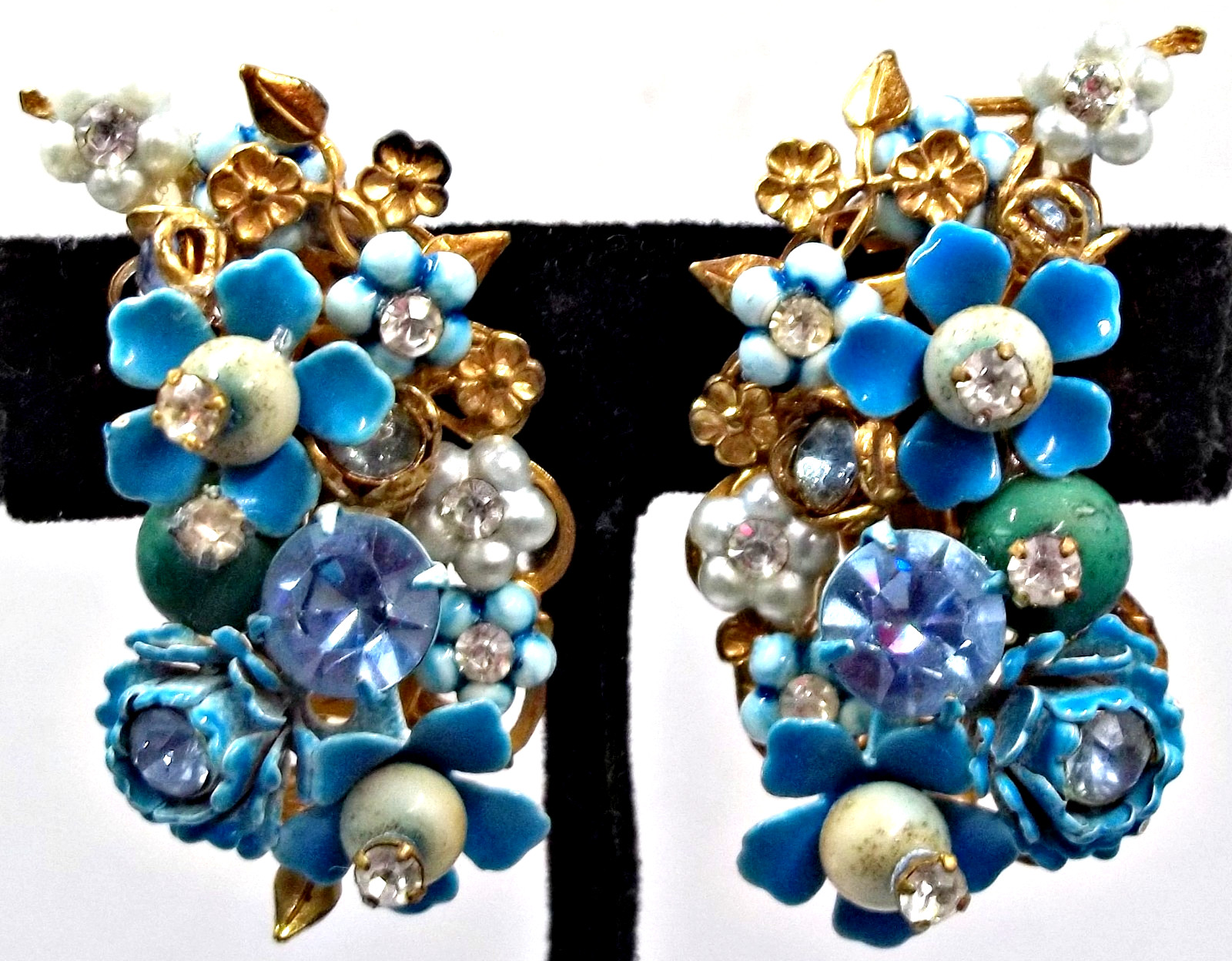 Vintage 50’s Blue Enamel Forget Me Not Pearl Rhinestone Earrings ROBERT DE MARIO