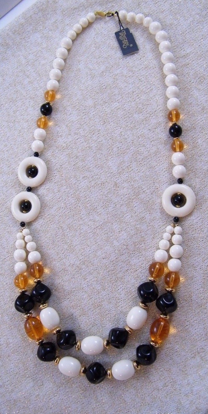 VINTAGE NEW TRIFARI~ CREAM / ORANGE / BLACK / GOLD TONE 24″ BEAD DOUBLE NECKLACE