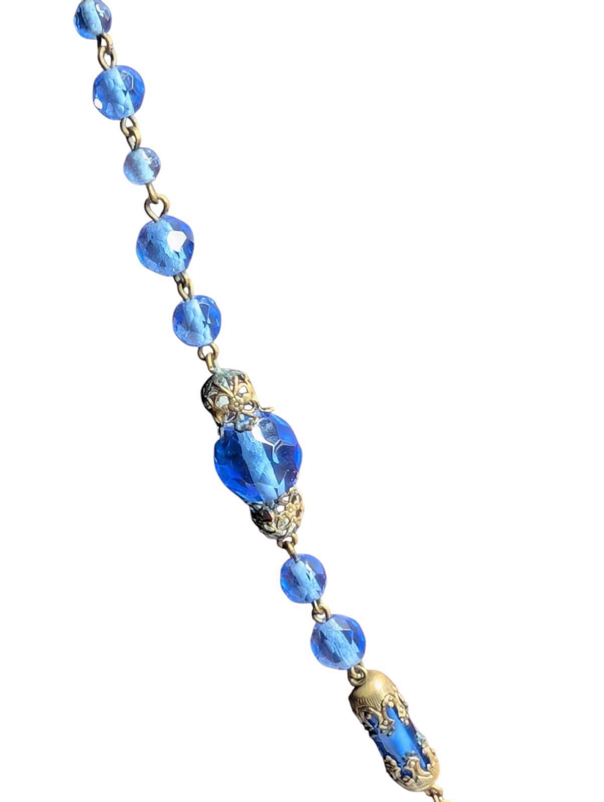 Czech Glass Necklace Blue Lozenge Art Deco Drop Pendant Faceted Filigree
