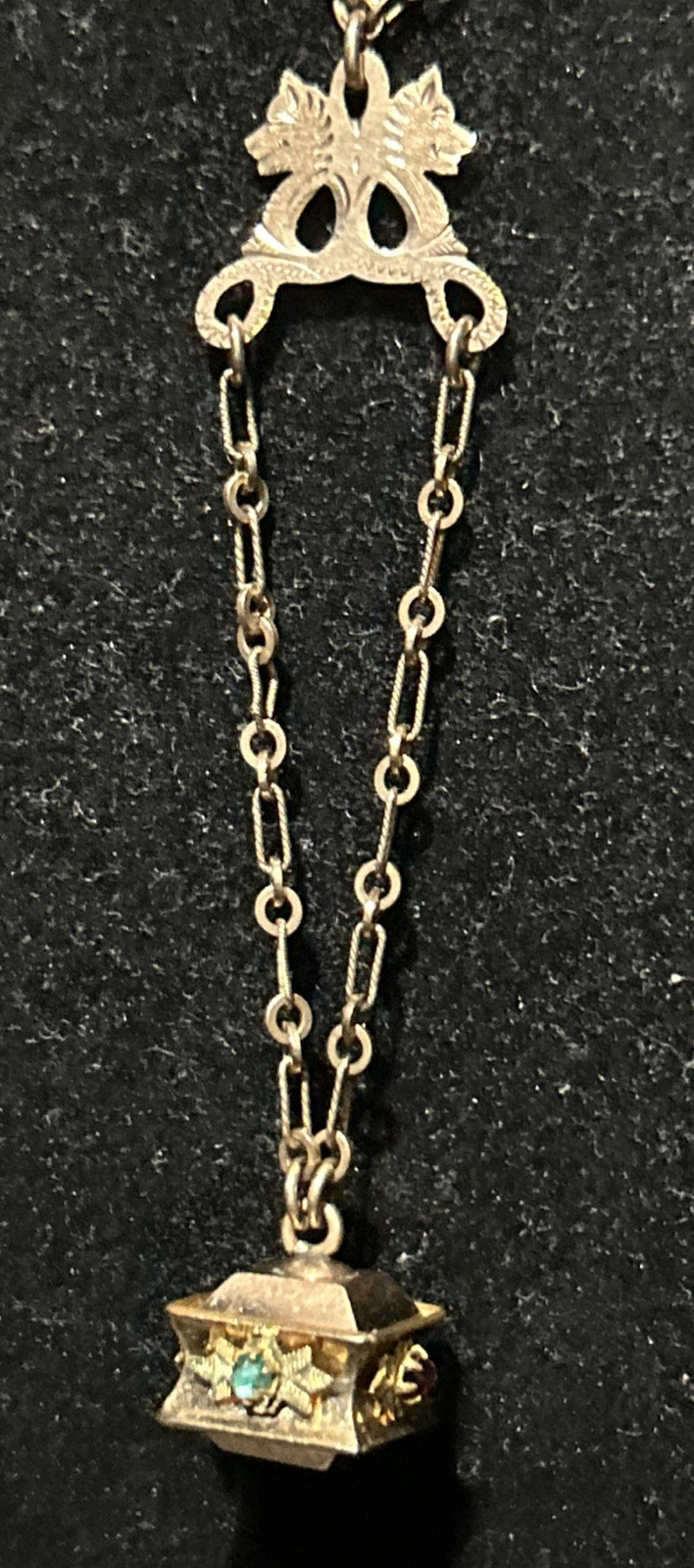 VICTORIAN 9.64g Gold Fill 3” FOB Paste Stones Dog Heads Rose GF 26” Necklace Fob