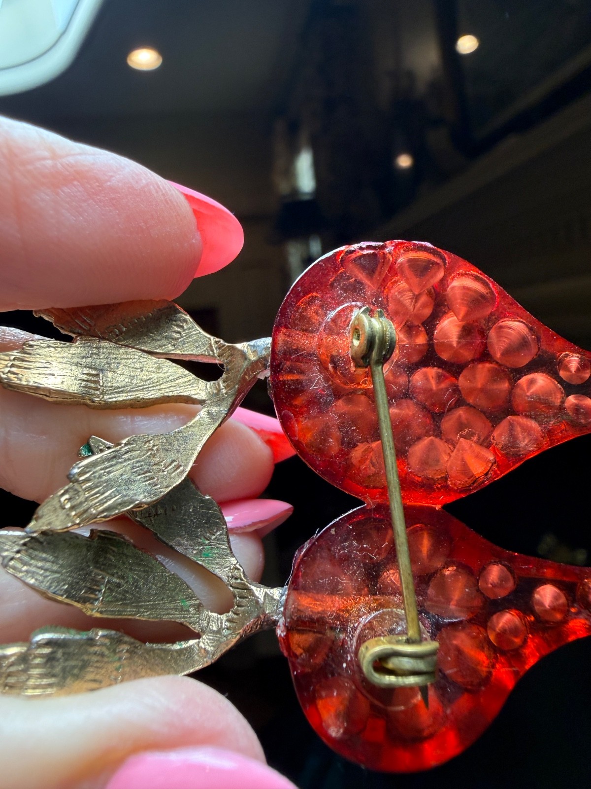 Vintage Forbidden Fruit radish brooch RARE lucite hot pink rhinestones enameled