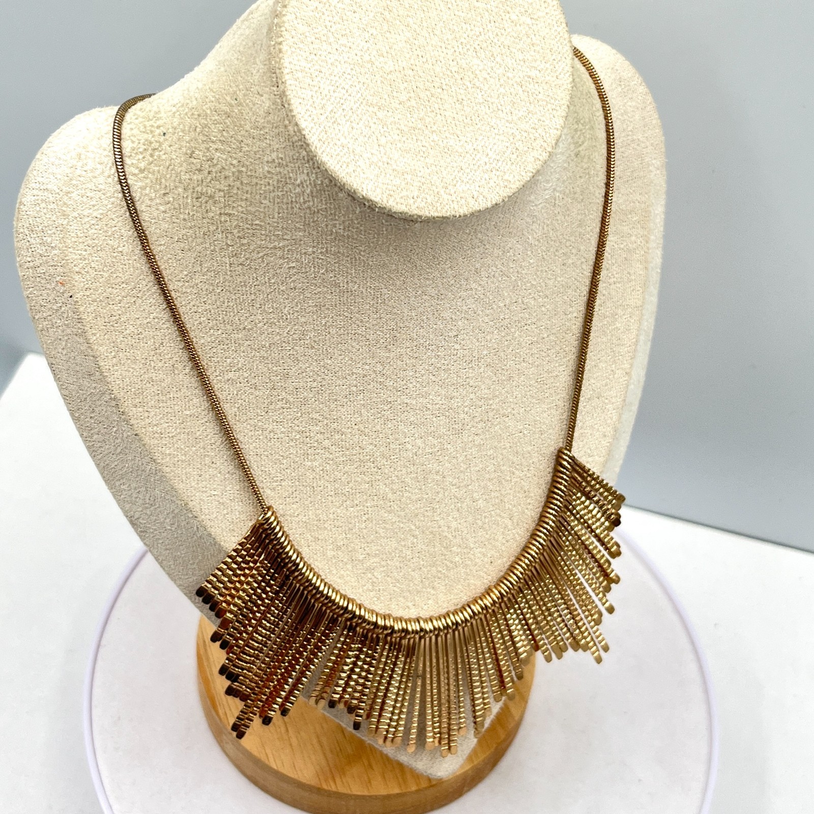 Vintage Style Gold Tone Fringe Bib Necklace, Textured Bar Drop Statement Jewelry