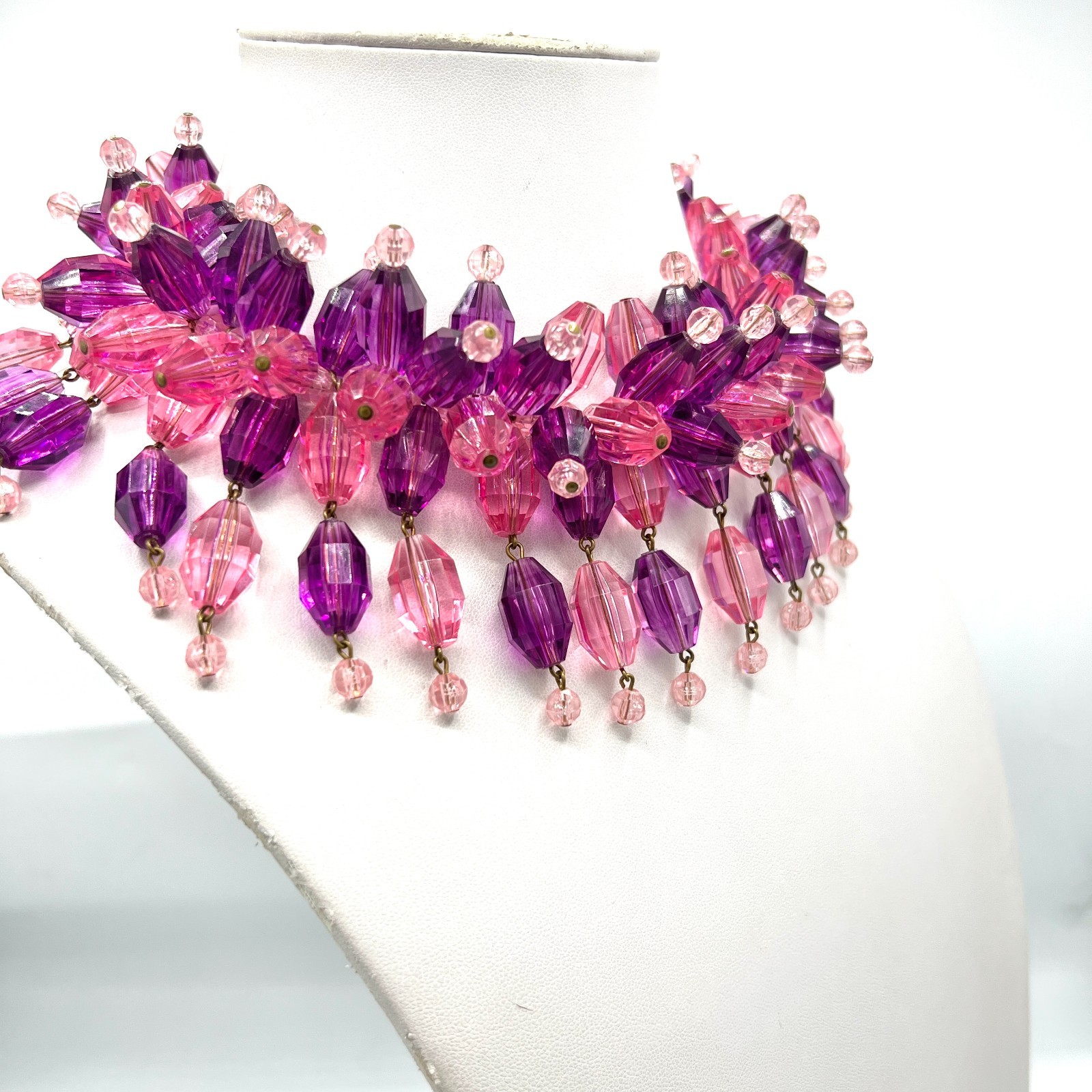 Vintage Pink Purple Faceted Bead Bib Necklace 1960s Cha Cha Fringe Necklace