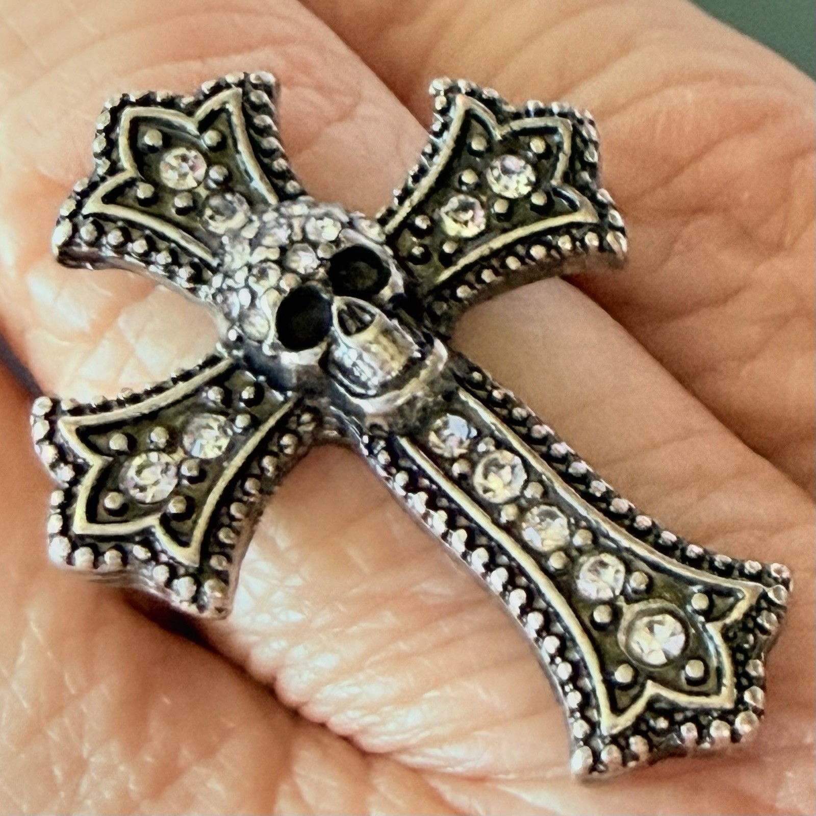 Vtg Silvertone Cross Ring Skull RS Gothic Steam Punk Size 7 Rare Statement B