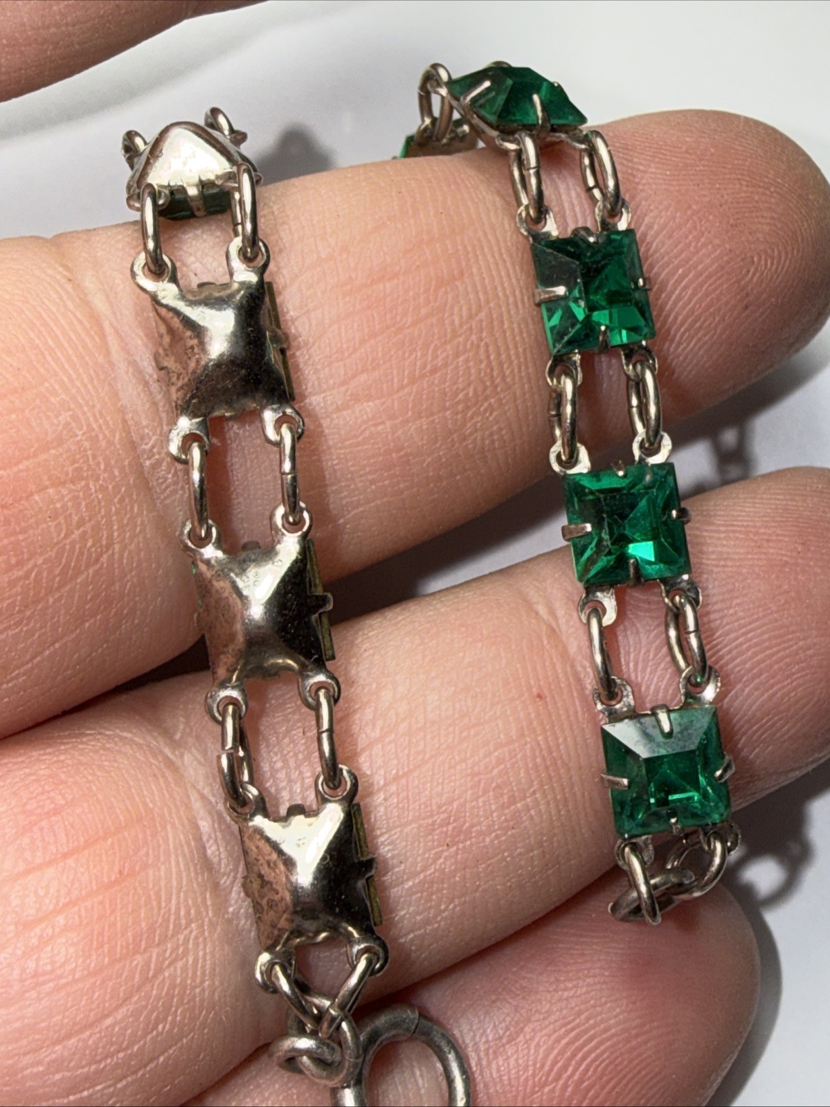 Bracelet Art Deco Paste Gwen Emerald Glass Sterling Silver Square Stone Antique