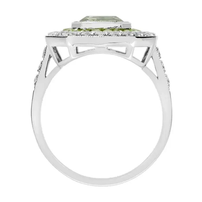 Art Deco Style Lab Created Diamond Green Amethyst Peridot 14K White Gold FN Ring