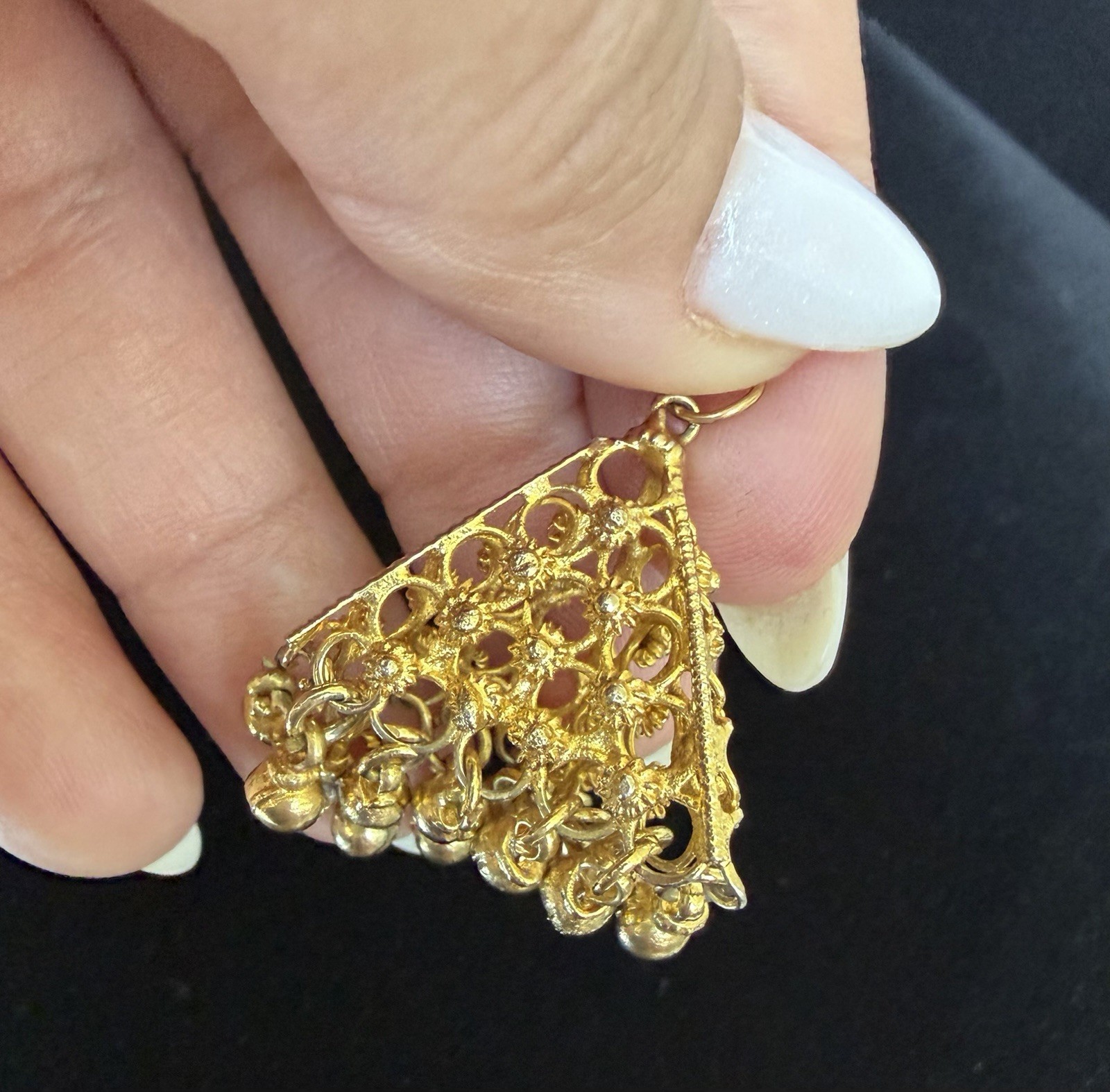 Gold Tone Filigree Dangle Pendant Boho Ethnic Tribal Charm w/ Bead Fringe