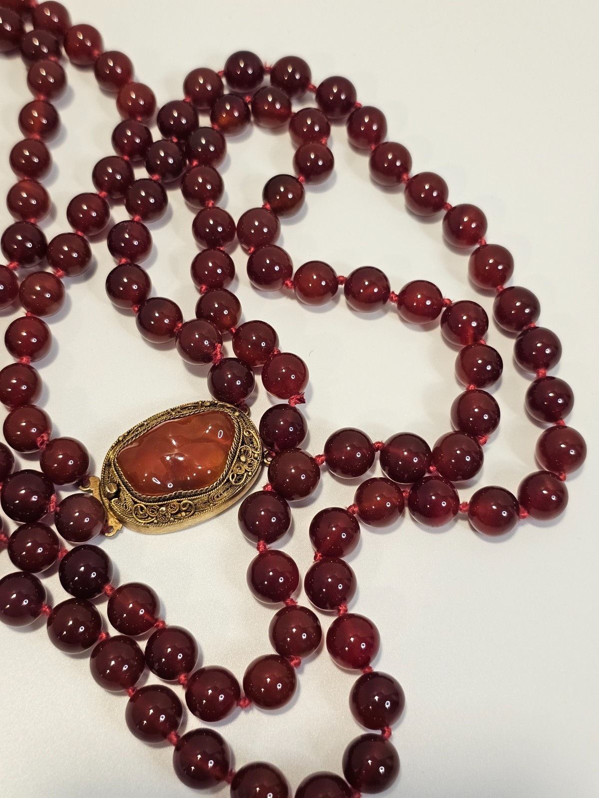 Vintage Carnelian bead necklace sterling gold wash filigree clasp