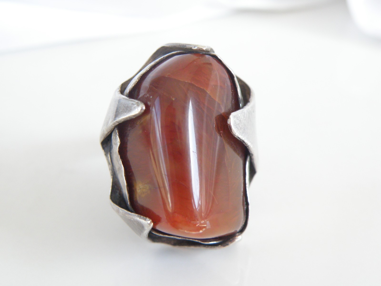 Vintage Sterling Silver 925 Banded Agate Brutalist Modernist Statement Ring 7