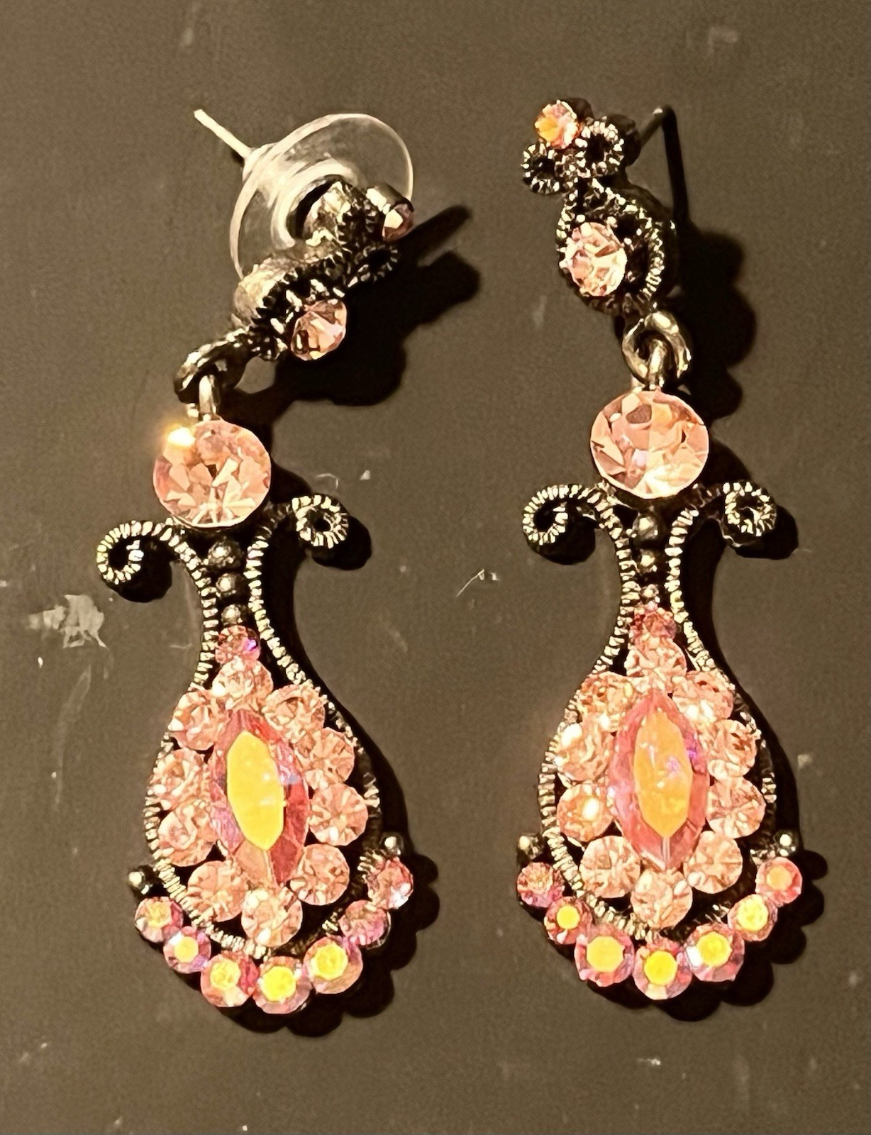 SNK Pink AB Quality Crystal Chandelier Earrings Gunmetal Base Art Deco Victorian