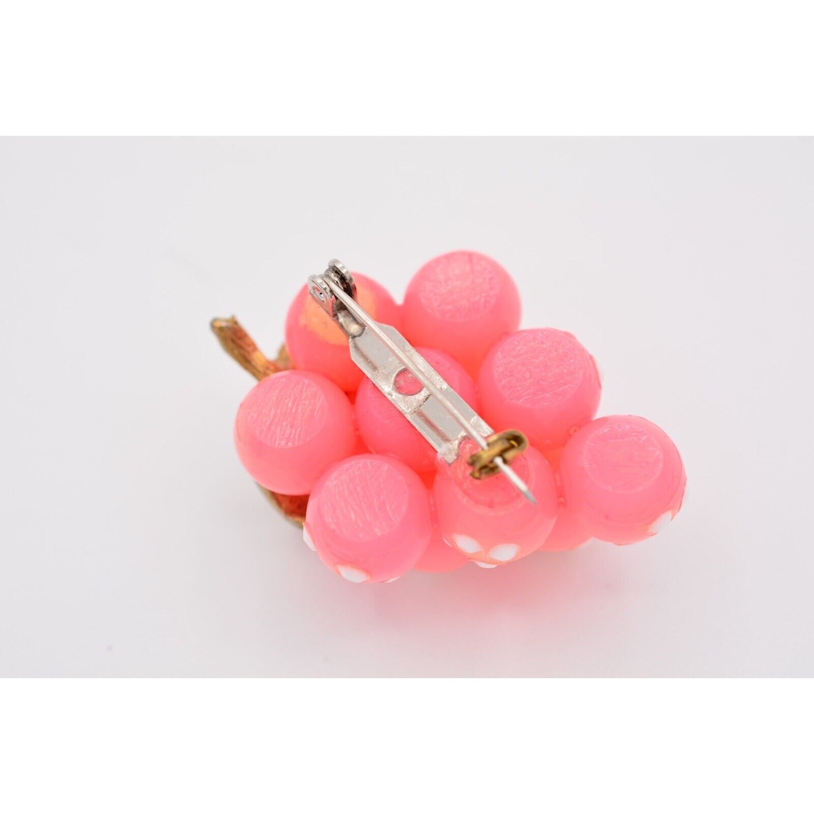 Vintage Glass Grapes Pin Brooch Pink White Polka Dot Crystal Antique 1960s BinAJ