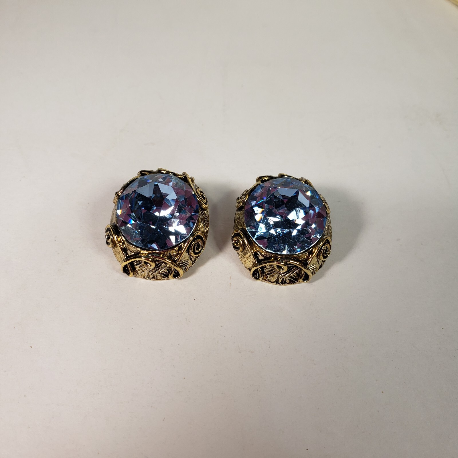 Vintage Light Blue Stone In Gold Like Setting.Clip On Earrings