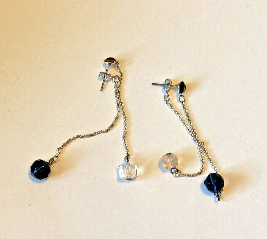 VTG NAVY BLUE & CLEAR CRYSTAL ACRYLIC DOUBLE LAYER CHAIN DANGLE EARRINGS PIERCED