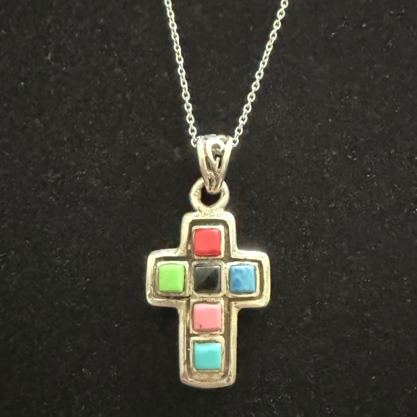 Vintage Cross Pendant Necklace Sterling Silver Turquoise Colorful Rainbow Stones