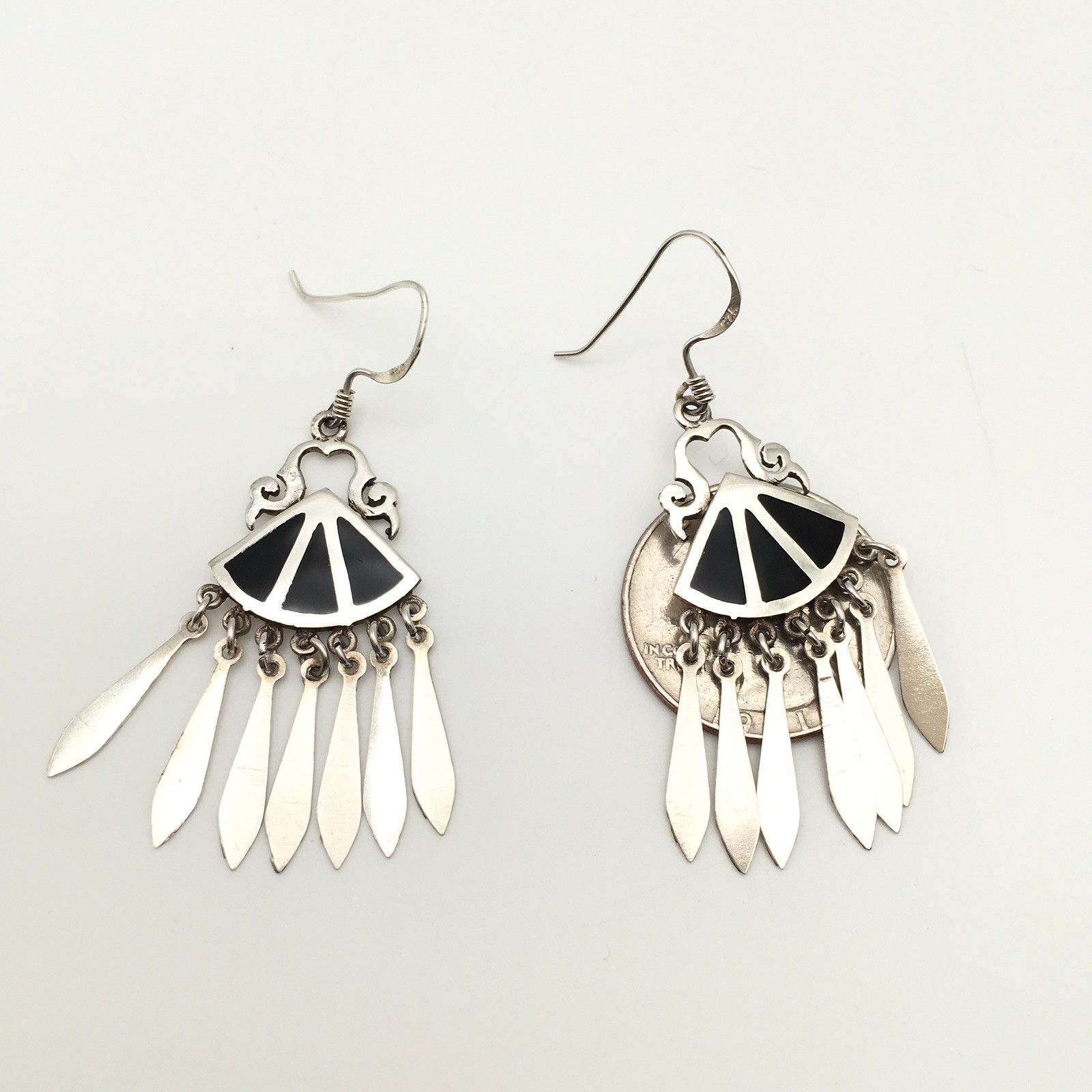 Vtg Sterling Silver Southwestern Black Inlay Dangle Earrings Marked 925 6.7g #41