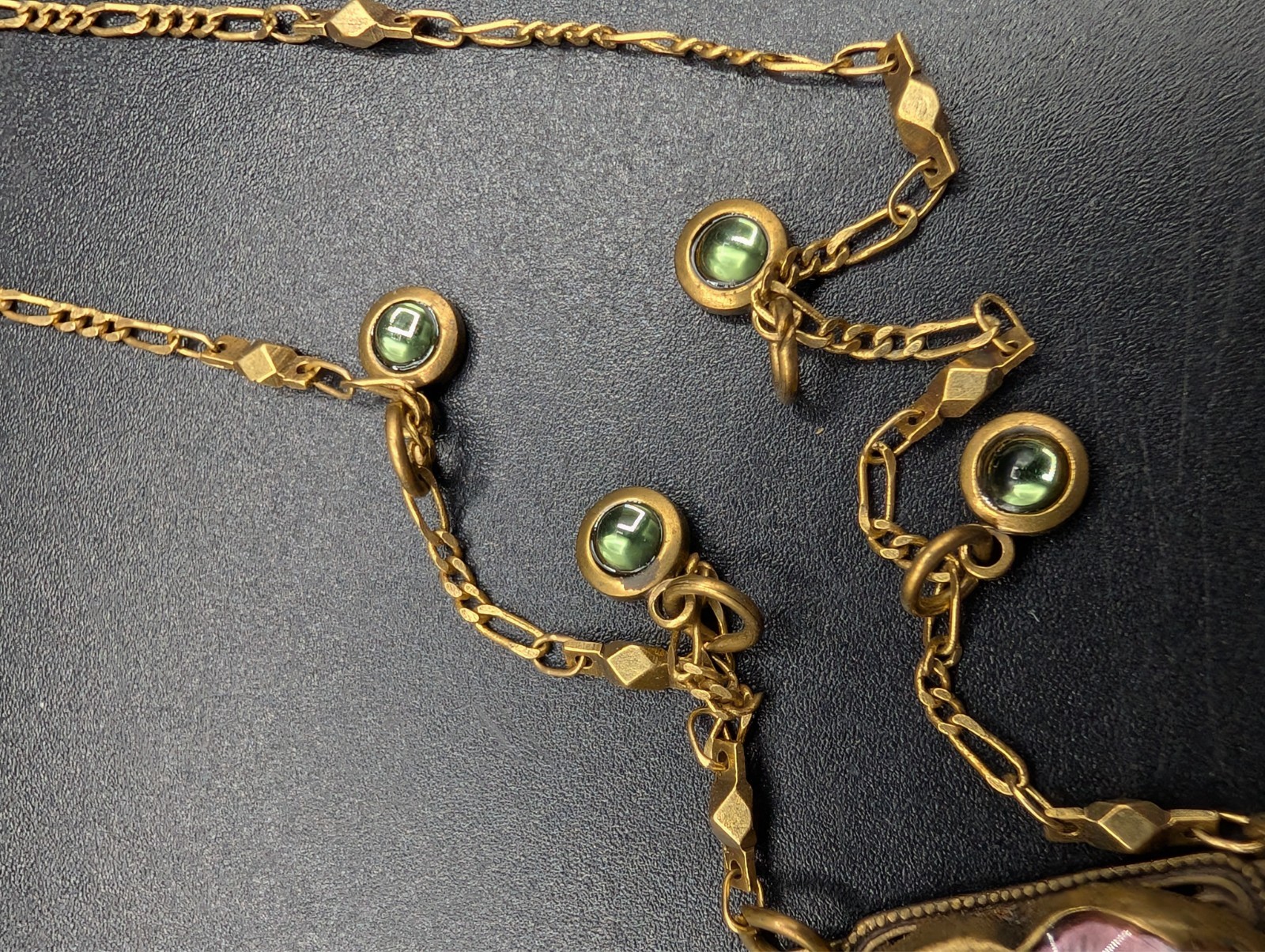 Vintage Glass Works Studio Art Nouveau Style Fairy Face Brass Finish Necklace