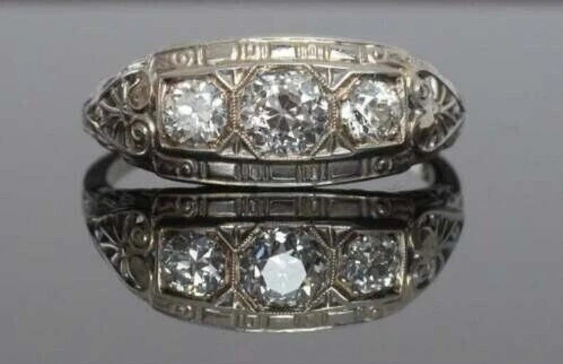 1 Ctw White Round Cut CZ & Three Stone Antique Style Art Deco Ring In 925 Silver