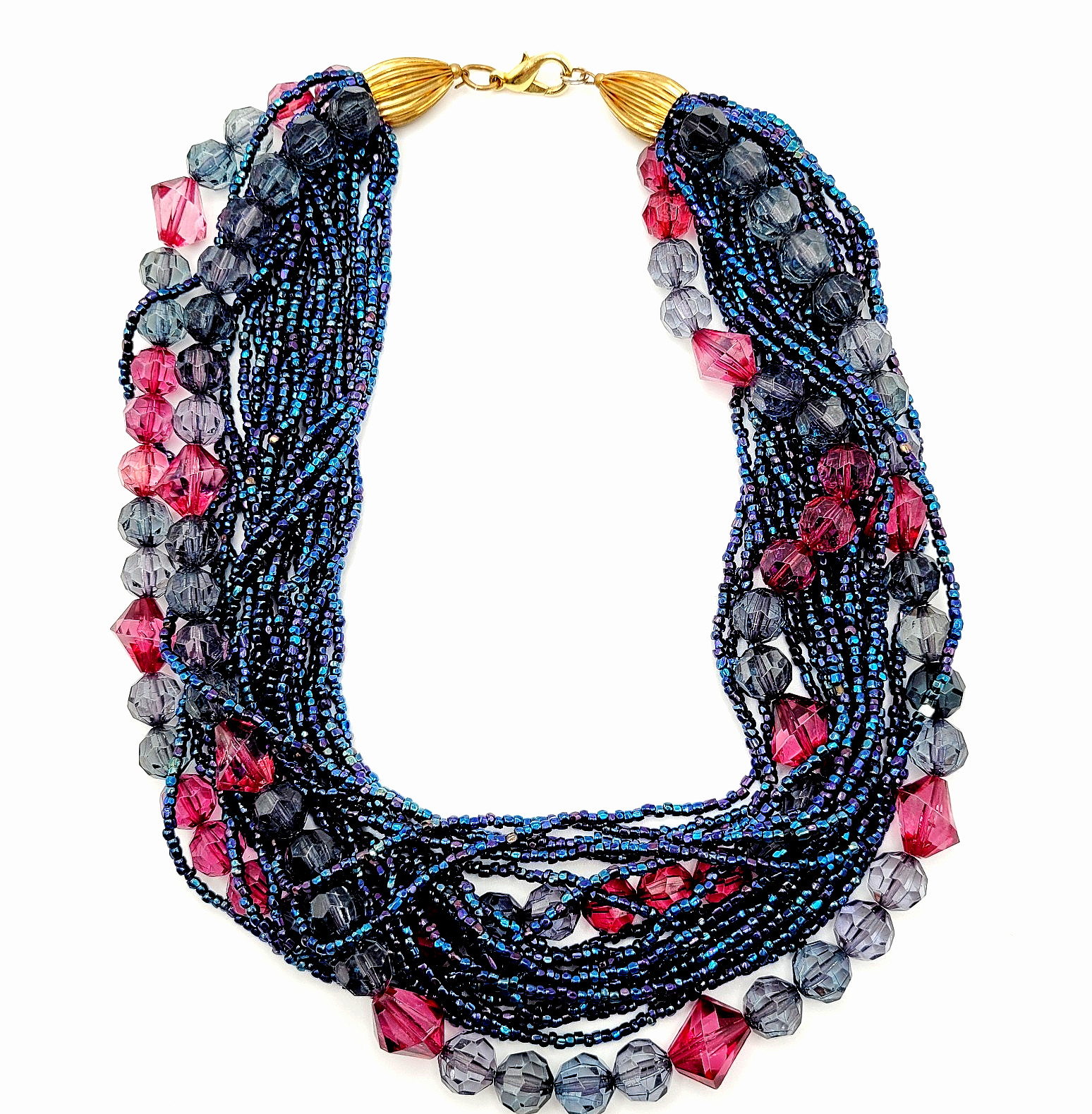 Purple and Deep Blue Iridescent Twist Multi Strand Glass Beaded Vintage Necklace