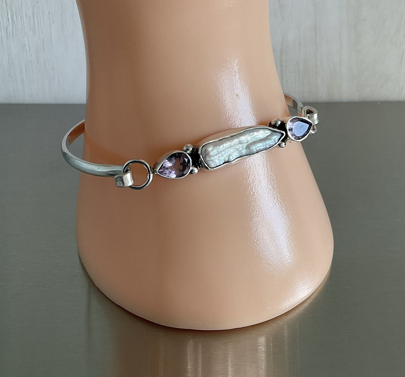 Vintage Baroque Keshi Pearl and Amethyst Tension Hook Bangle Bracelet 7″