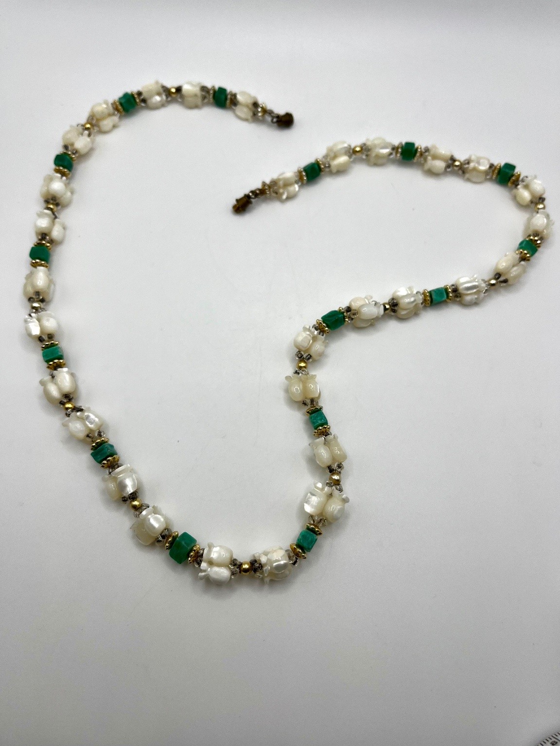 Vintage Ivory Glass and Green Stone Beaded Necklace with Gold Tone Accents 18in