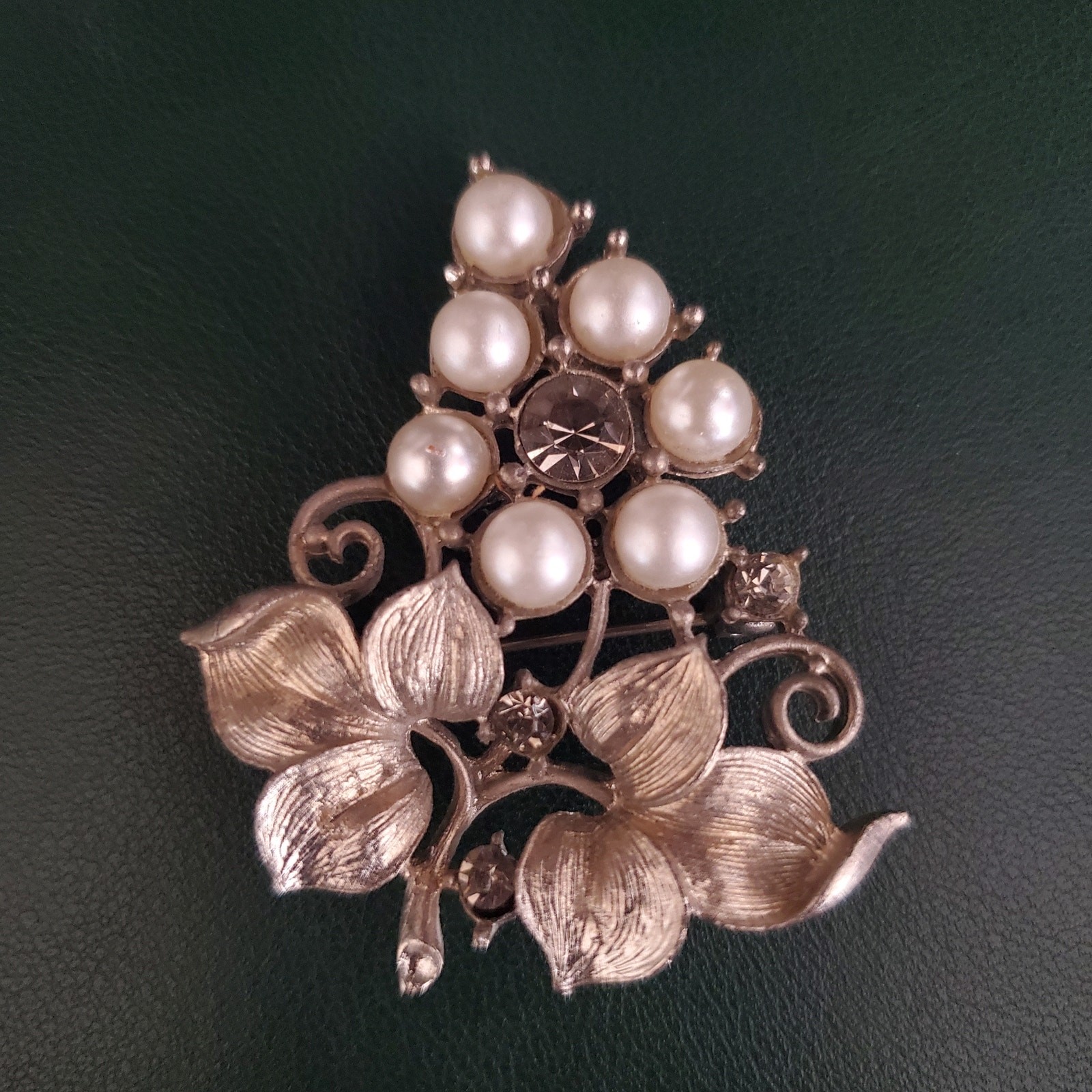 Vintage Grape Cluster Brooch Silver Tone with Rhinestones and Faux Pearls