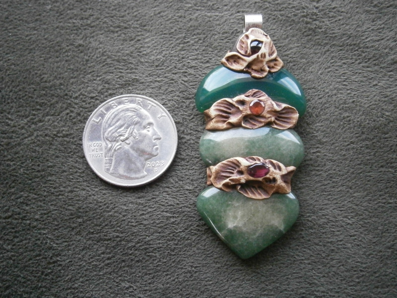 Large 3 Piece Nephrite Jade Vintage Silvertone Bail Pendant 16.0g