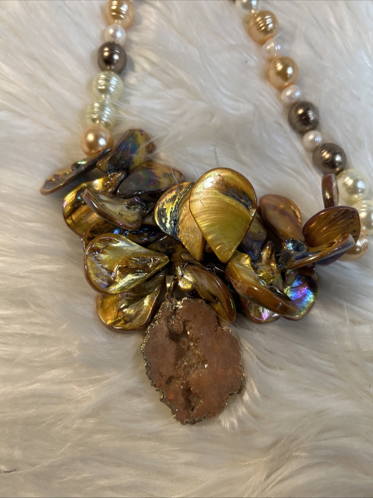 Statement Necklace Amber Abalone Shells W Geode Crystal Handmade! Quality Made!