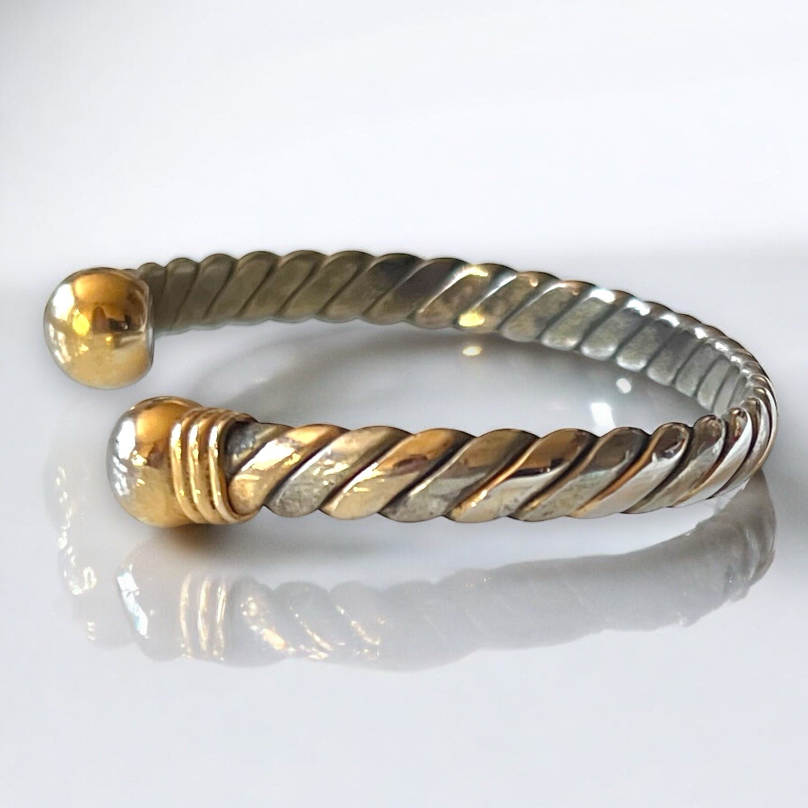 Mixed Metal Cuff Bracelet 7” Silver Gold Tone Flat Link Vintage 1980s Jewelry