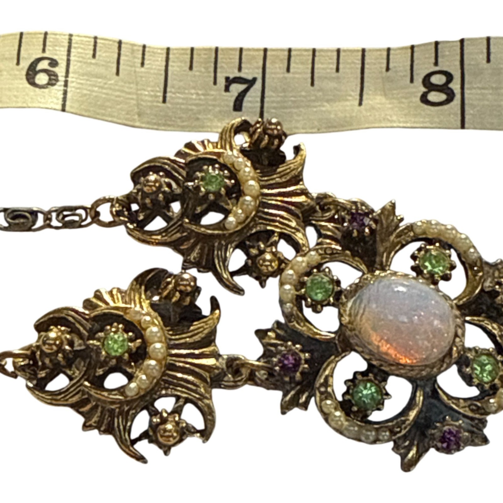 Victorian Revival Faux Fire Opal Pearl Necklace Antique Style Gold Tone Statemen