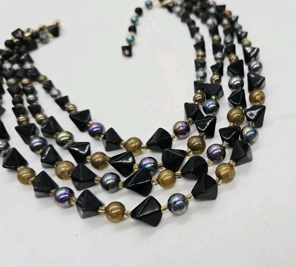 Peacock Colors Beaded Layered Necklace signed Japan Four Row Iridescent Vintage