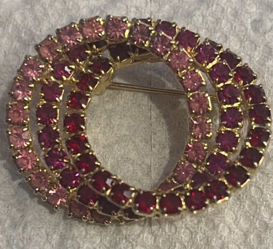 Pink/Purple/Red Rhinestone Triple Circle Brooch Pin Gold Plated, 1.5” L
