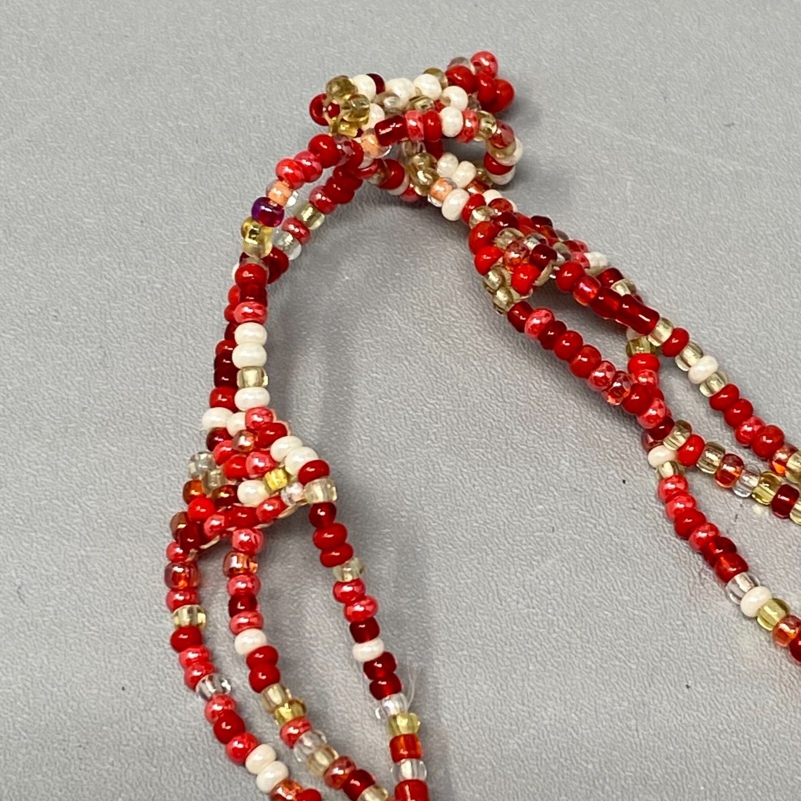 Artisan Seed Bead Bracelet Multi Strand Red Cream Faceted Button Hook Clasp 7.25