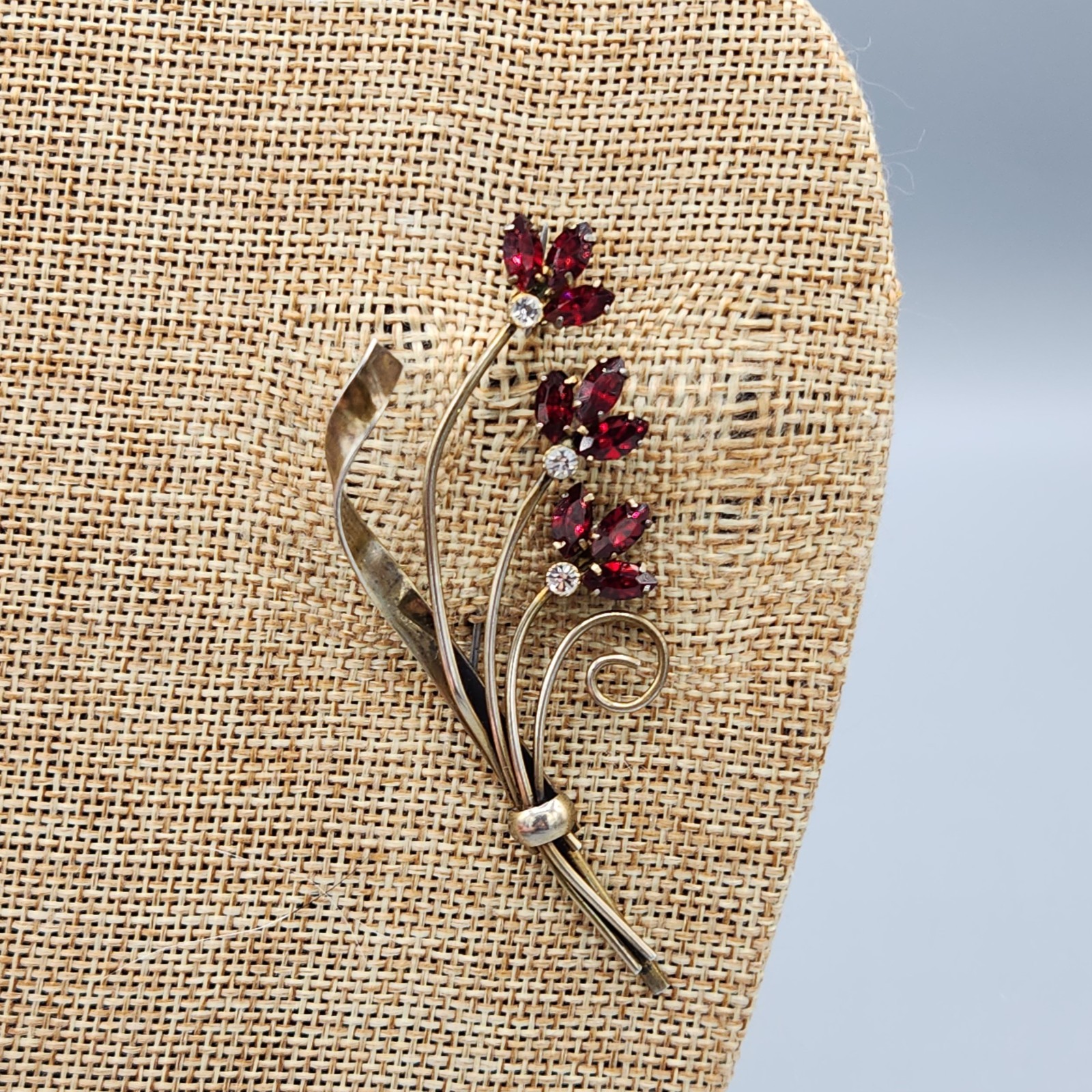 Retro Gold Wash Sterling Silver Siam Red Marquise Glass Flower Bouquet Brooch