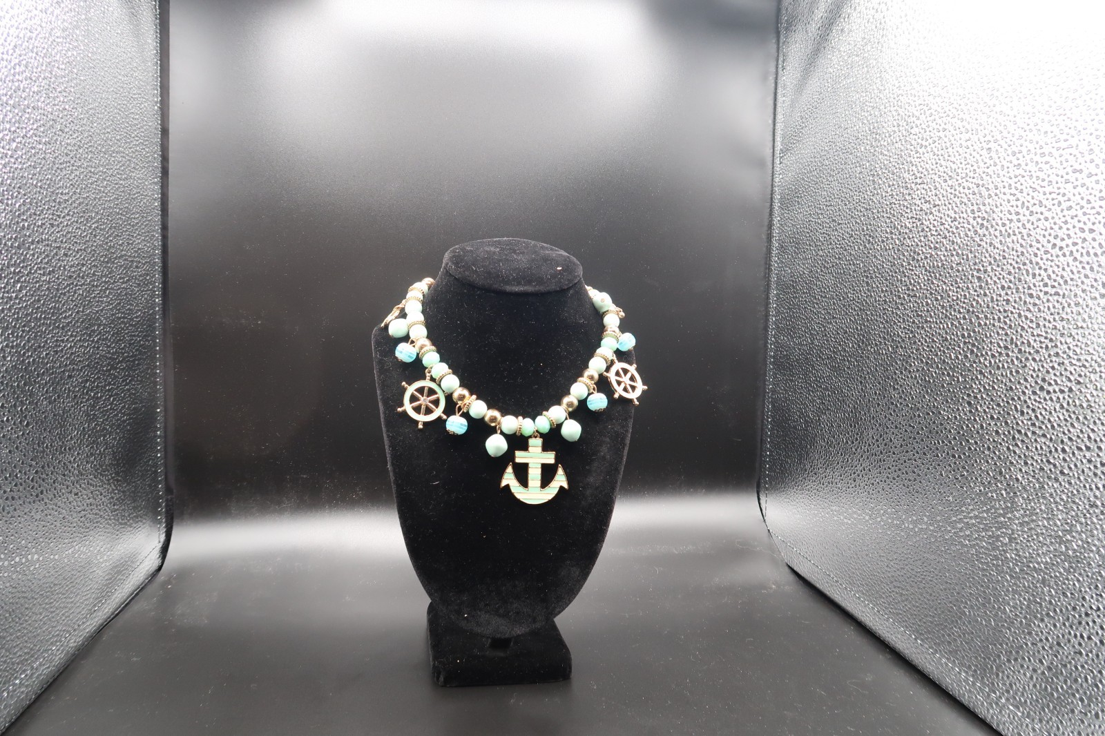 Vtg Nautical Beaded Charm Station Necklace Anchor Ship Wheel Teal & White Enamel