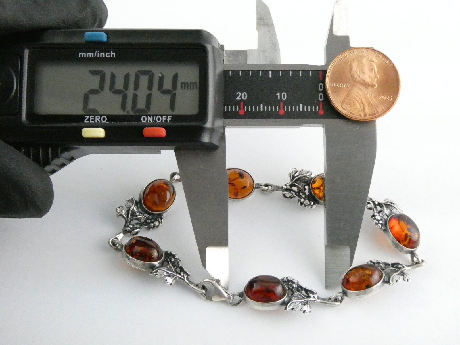 Vintage Sterling Silver Amber Cabochon Grape Vine Link Bracelet 925 7.25In 10.6g