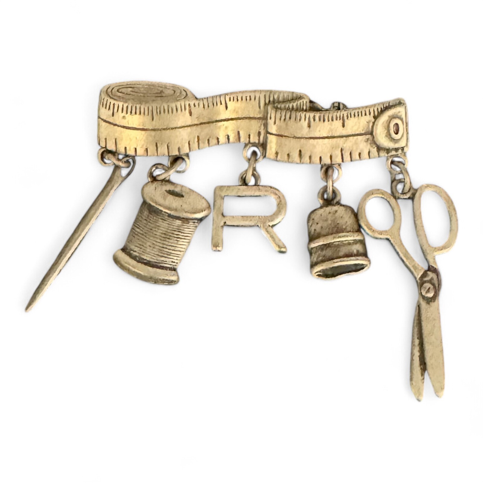Vintage JJ Jonette Sewing Measuring Tape Pin Brooch With Dangle Charms—Pewter
