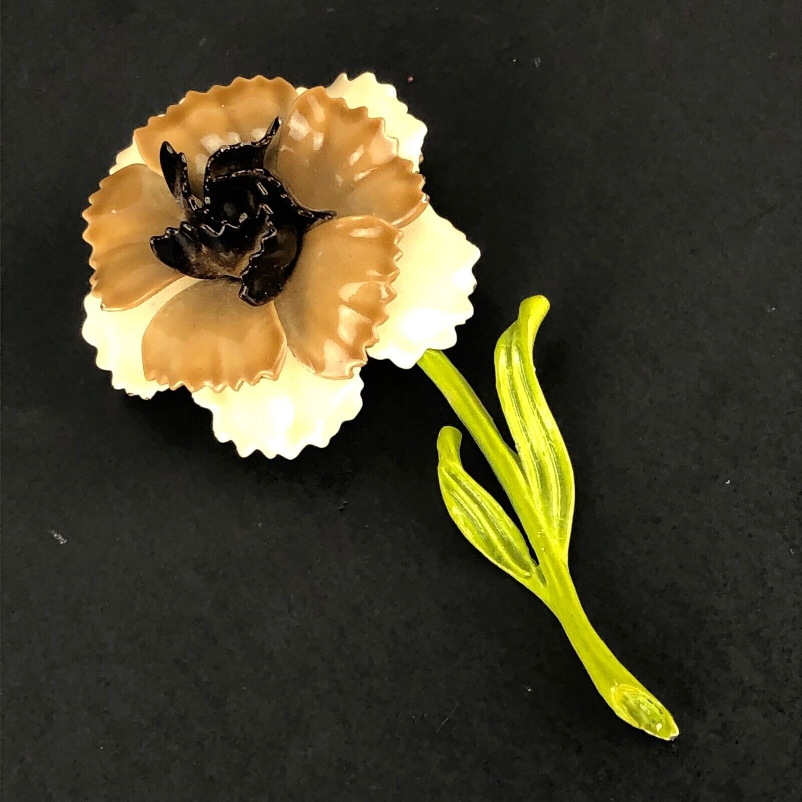 Vintage Signed Brown & White Enamel Flower Brooch