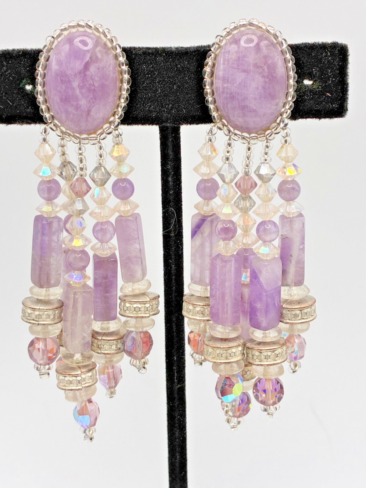 Elegant Classy Vintage Chipita Amethyst Stone Aurora Borealis Bead Clip Earrings
