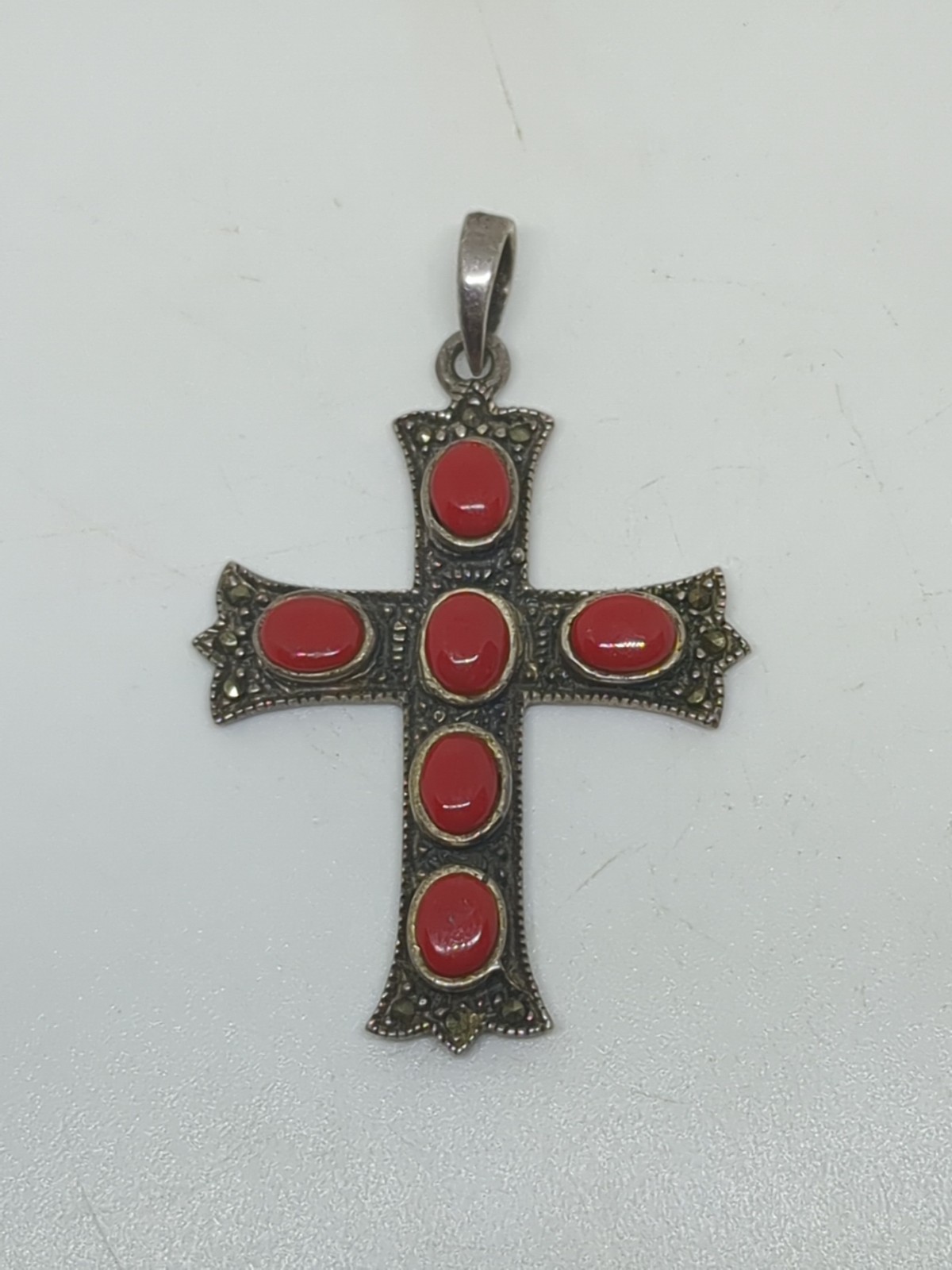 Vintage Sterling Silver 925 Southwestern Red Coral Marcasite Cross Pendant