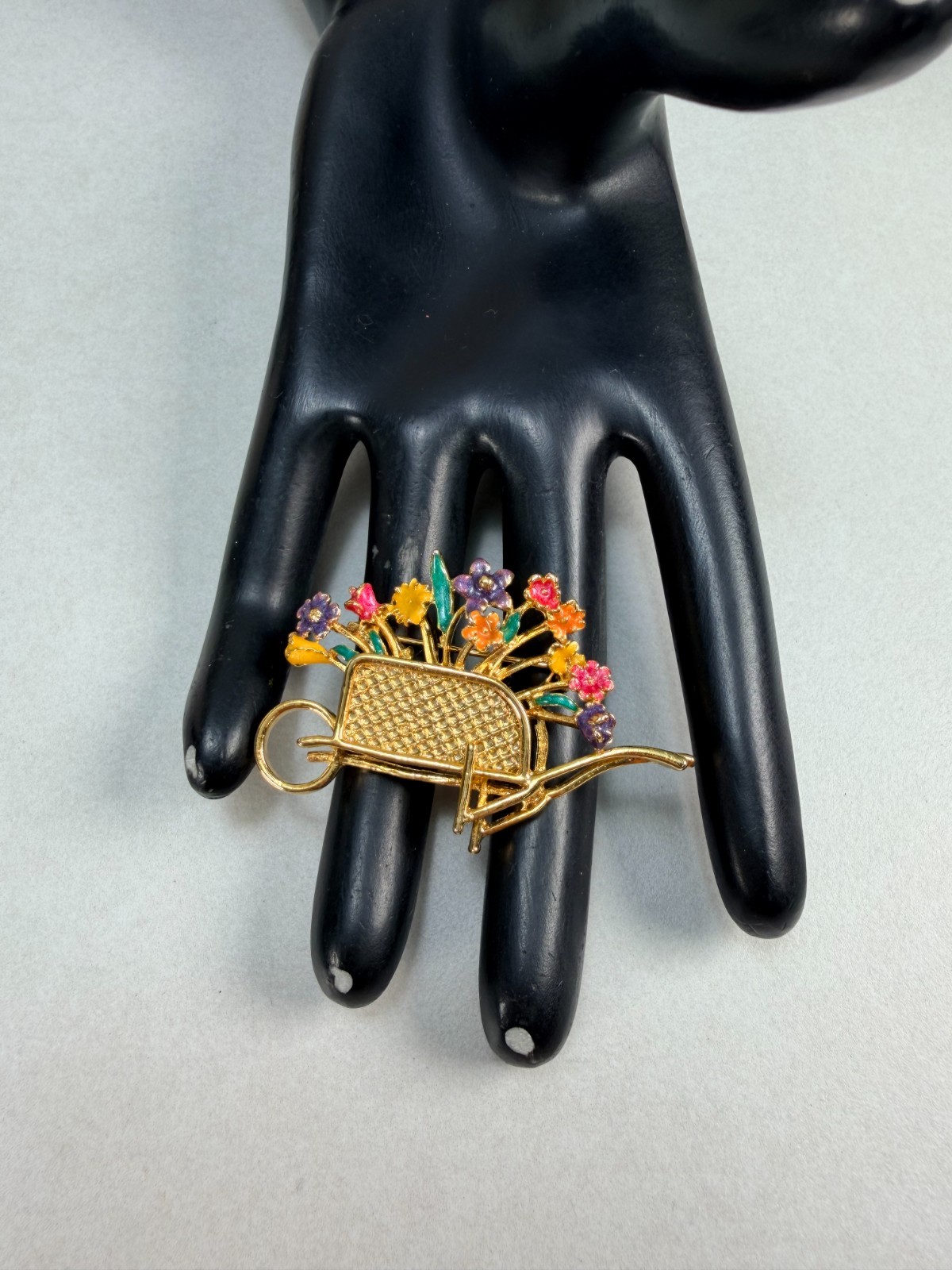 Vintage Wheelbarrow Flower Brooch Colorful Enamel Floral Garden Pin